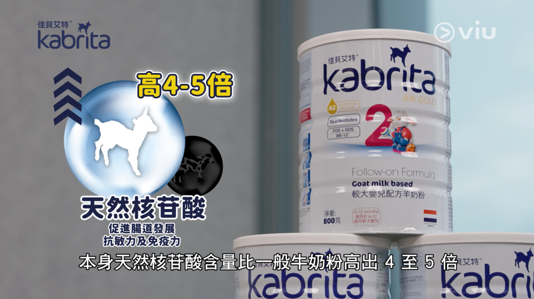 Kabrita佳貝艾特羊奶粉的天然核苷酸含量比一般牛奶粉高4至5倍，有助促進腸道發展、抗敏力及免疫力。